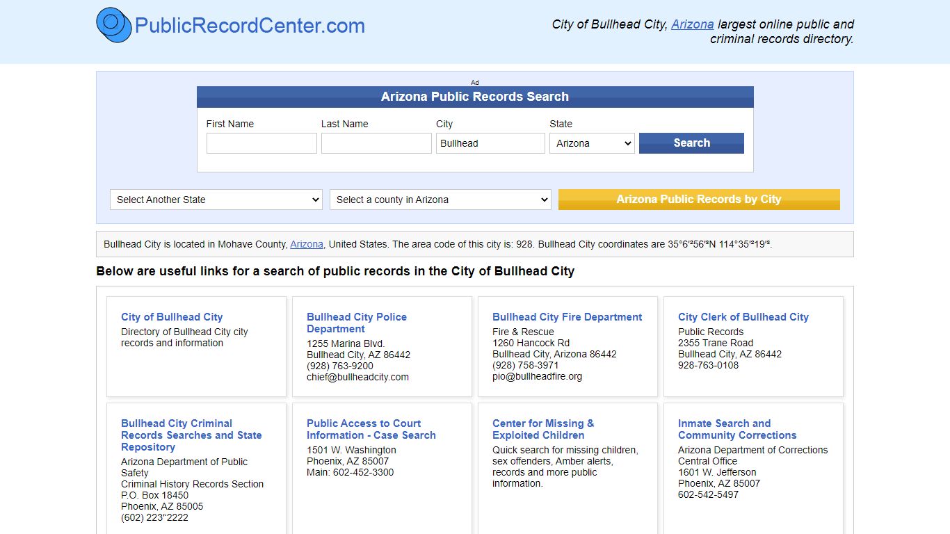 Bullhead City, Arizona Public Records and Criminal Background Check